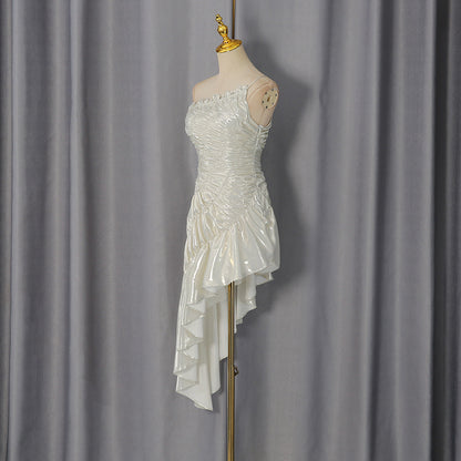 Champagne Gold Metallic Ruched Asymmetrical Dress