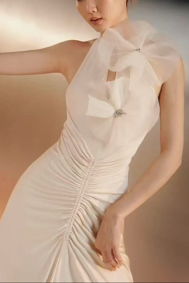 nicola Flower bow pleated bodycon maxi dress in white