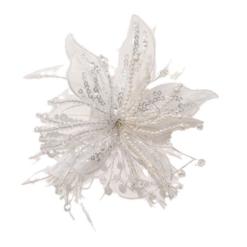 Picture-perfect pure white lace feathers, pearls, crystal flowers, DIY twisted silk flower headwear, claw clip clothing accessories