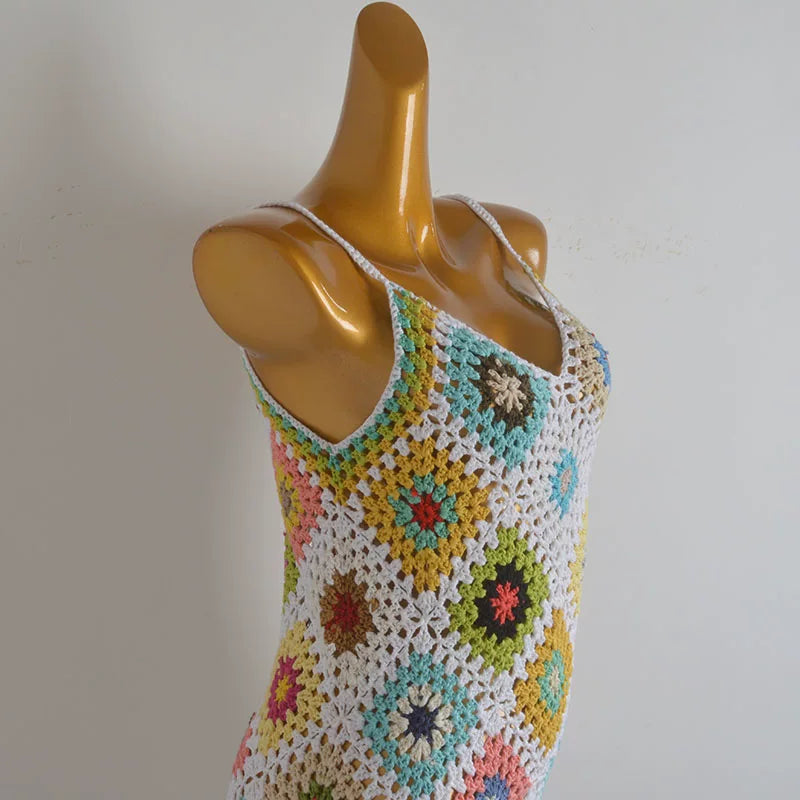 Model color dopamine cut-out handmade crochet V-neck sundress summer backless knitted camisole dress for women