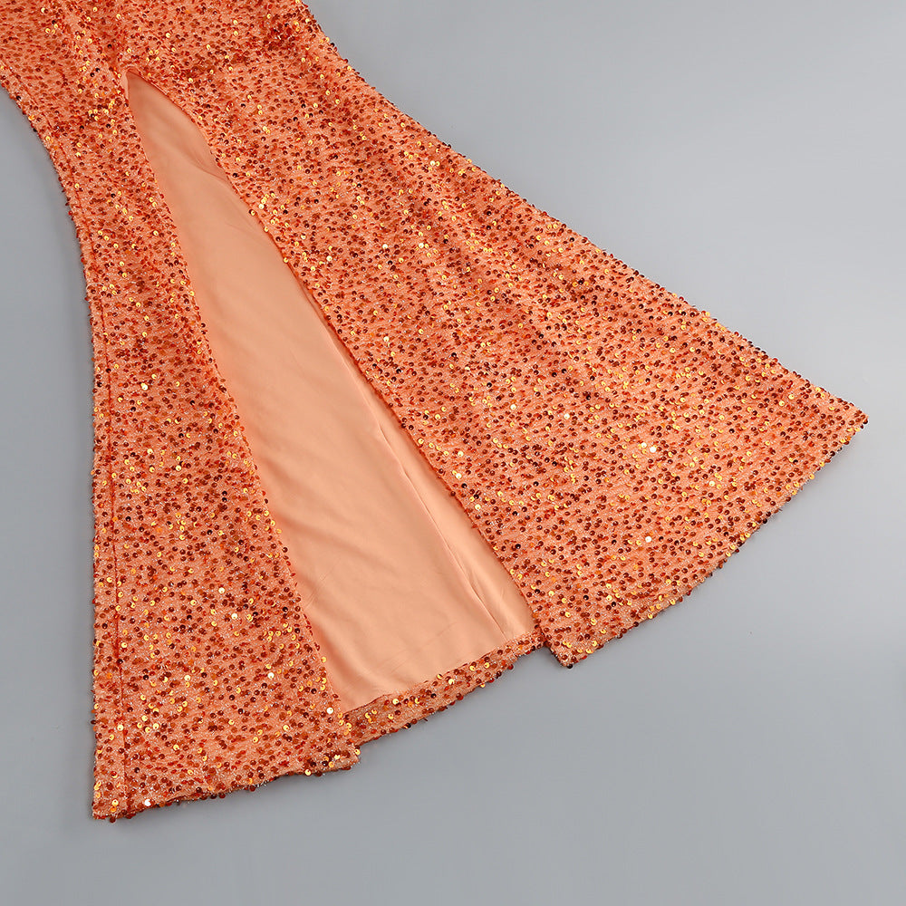Orange Sequin One-Shoulder Floor-Length Gown