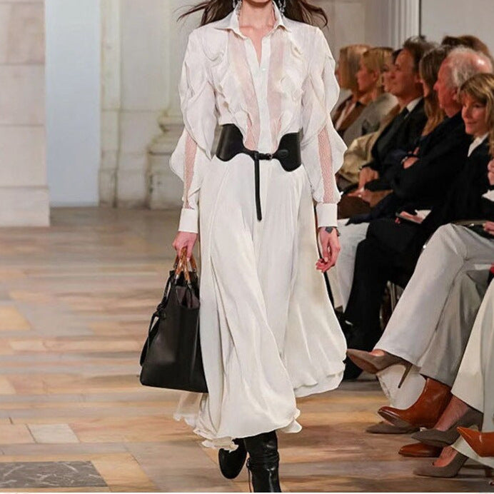 layered ruffle mesh slightly transparent shirt dress