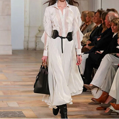 layered ruffle mesh slightly transparent shirt dress
