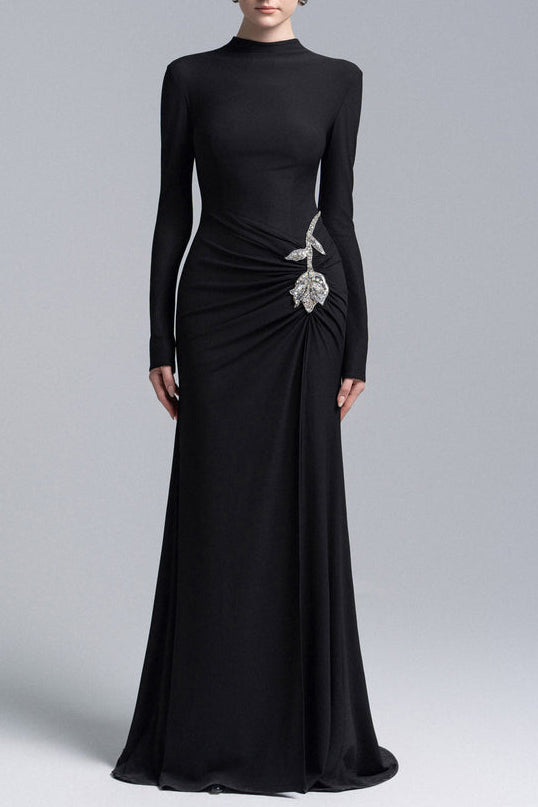 hedwig rose embellished gathered sheath gown in black