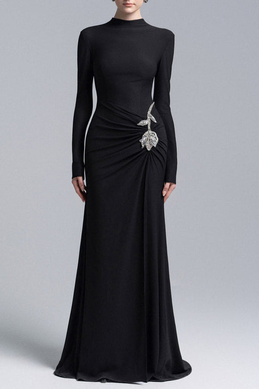 hedwig rose embellished gathered sheath gown in black
