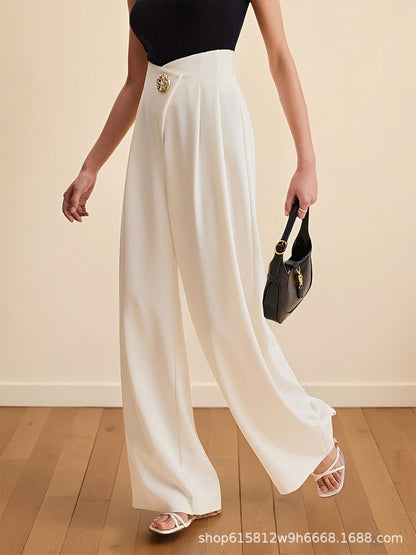 High Waist Wrap Front Gold Ornate Button Wide Leg Trousers