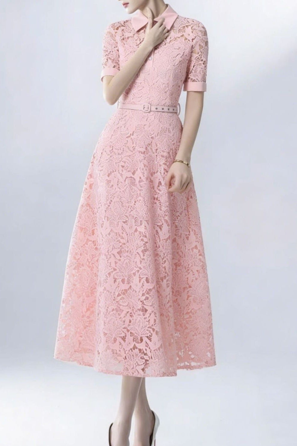 Lace Collared Belted Midi Dress