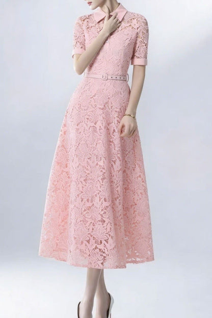 Lace Collared Belted Midi Dress