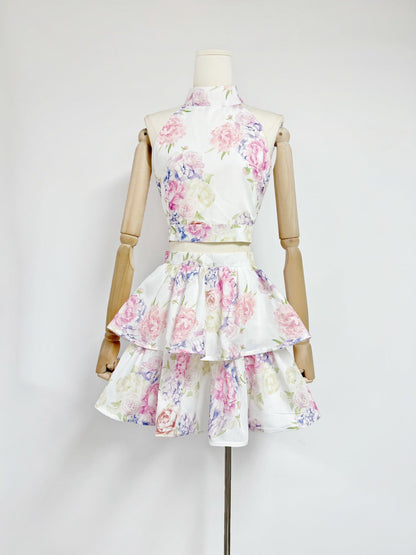 jessica printed backless halter top skirt set in pink