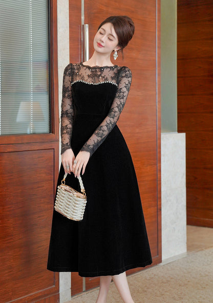 tiffany lace hollow sleeve rhinestone velvet maxi dress in black
