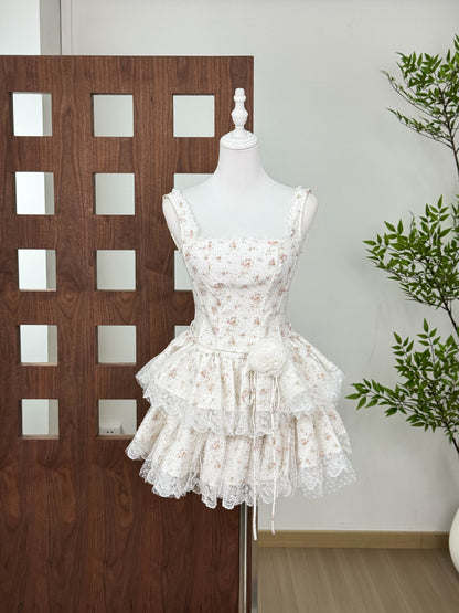 alisa floral printed lace trim mini dress in white