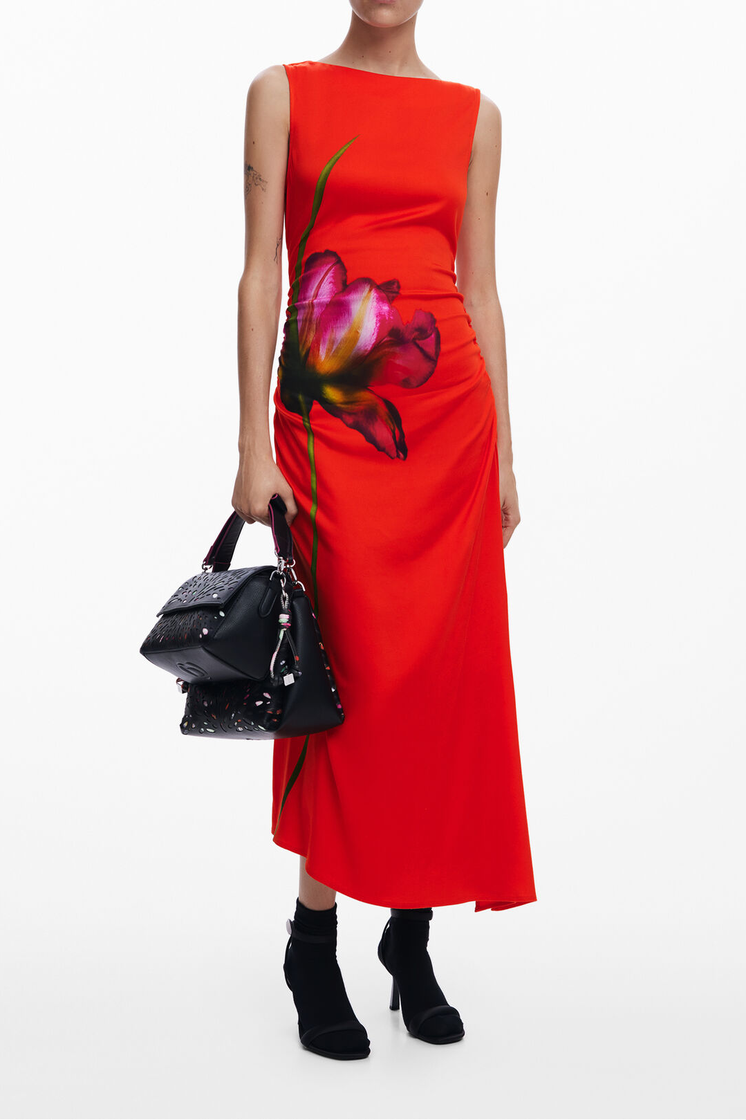 red sleeveless floral print with a ruched waist midi dress