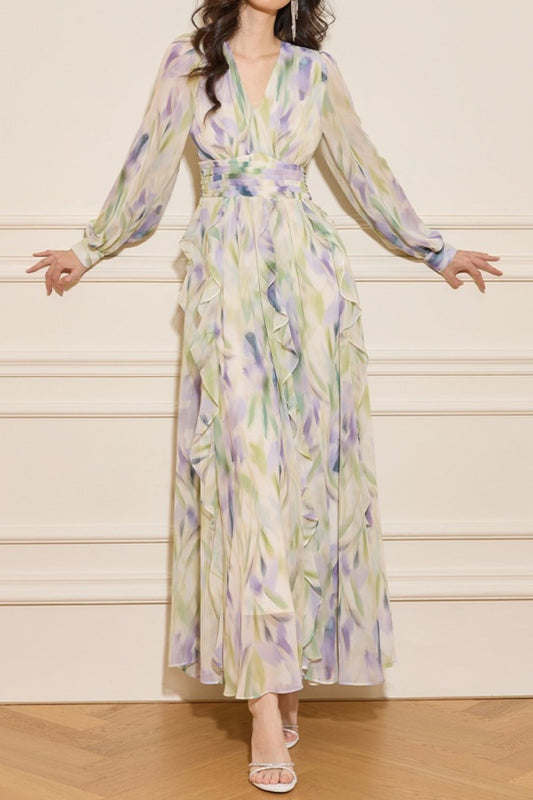 rachel multicolor v-neck floral print lantern sleeve maxi dress