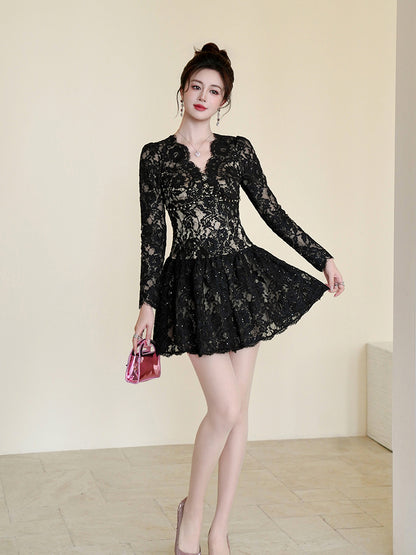 sabrina black lace hollow long sleeve a-line mini dress