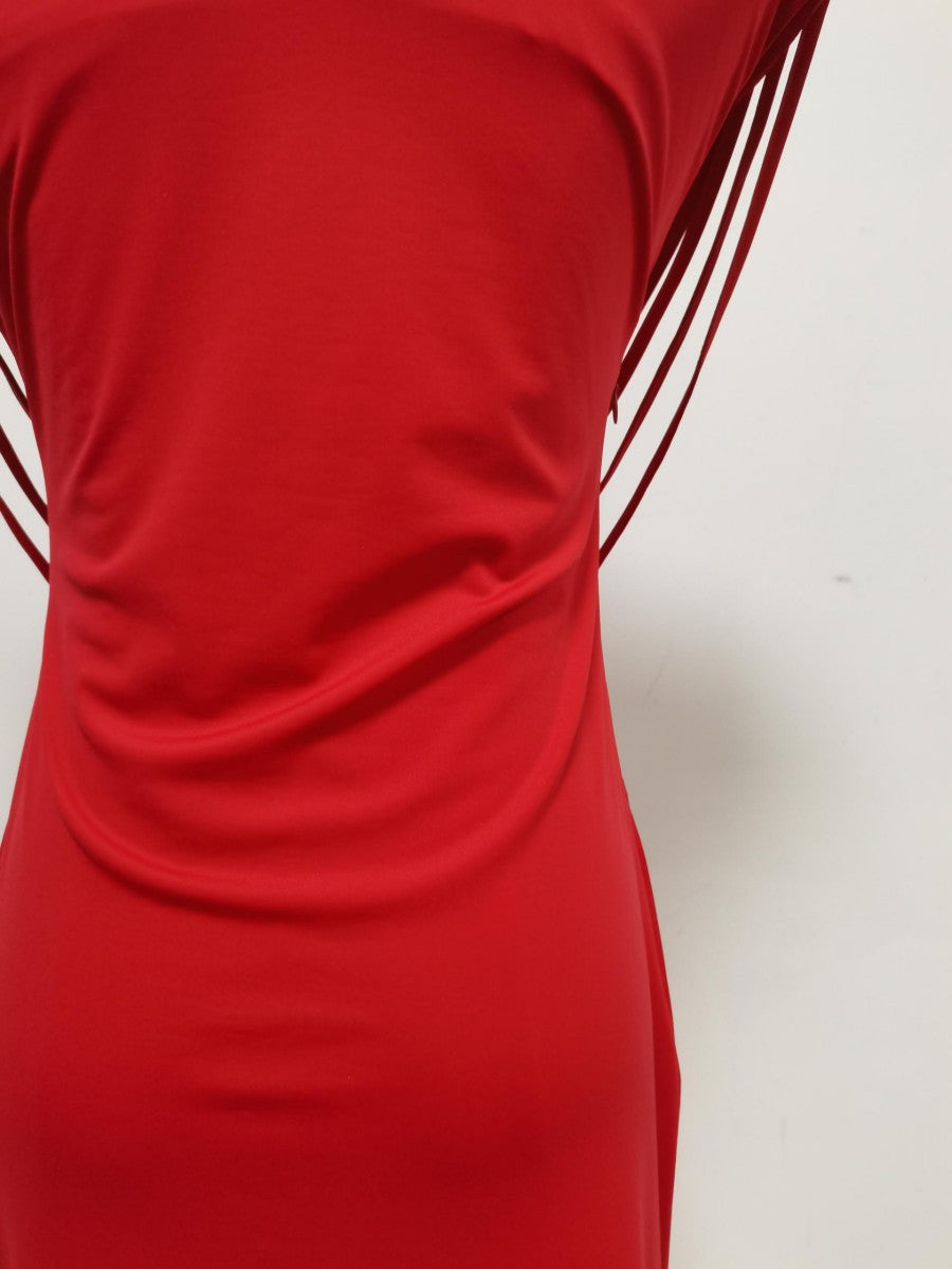 red stretch jersey or crepe fitted column dress