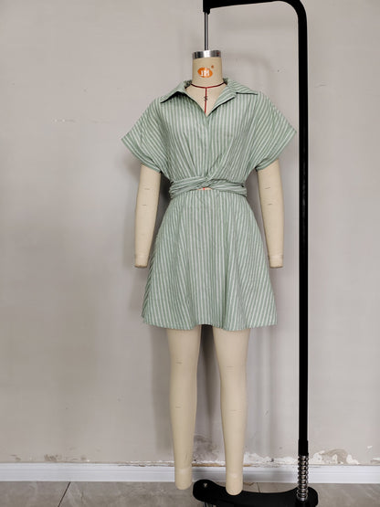 Mint White Stripe Collared Twist Waist Cutout Mini Shirt Dress