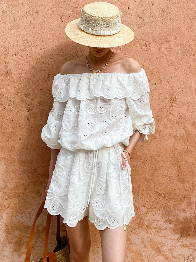 shoulder tops long sleeves embroidered openwork shorts