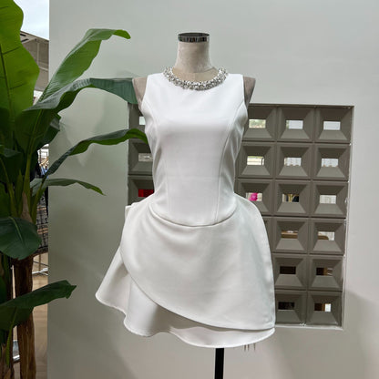 jean Round Neck Diamond Sleeveless Mini Dress in white