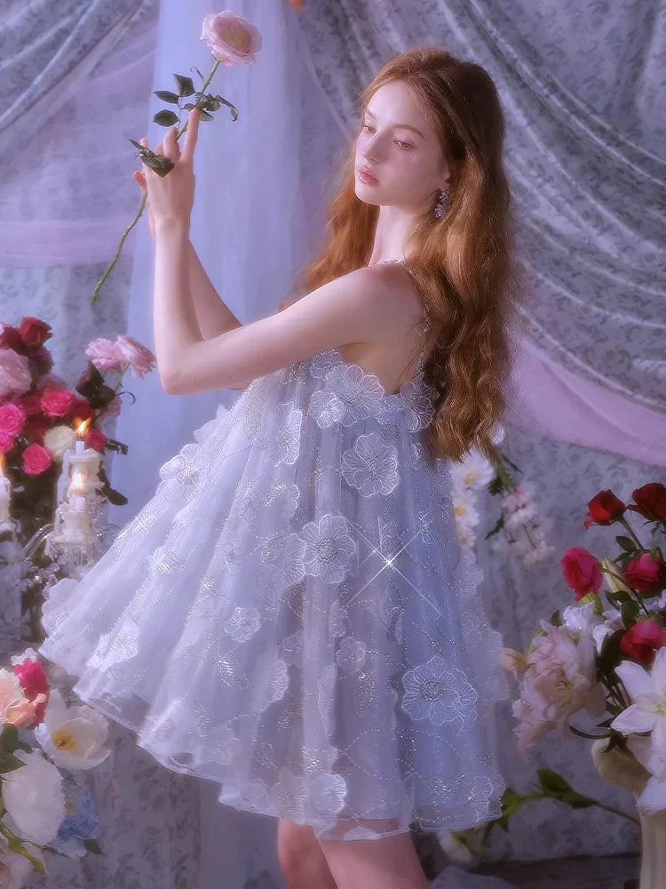 Tutu Light Blue Sleeveless Flower Diamond Short Doll Dress