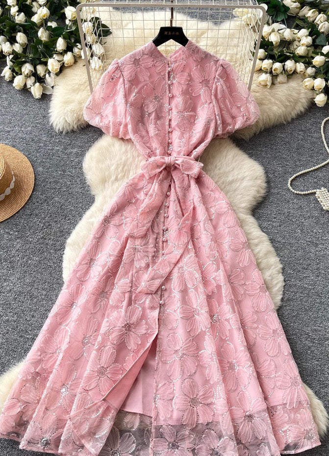 Light Pink Sheer Organza A-Line Midi Dress with Floral Applique