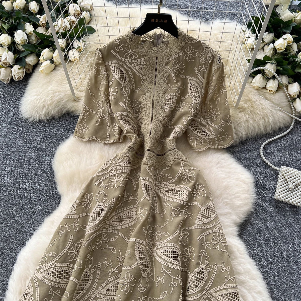 Beige Embroidered Organza A-Line Midi Dress