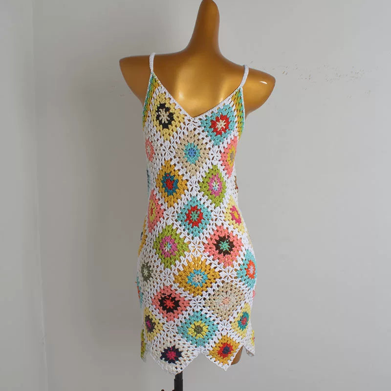 Model color dopamine cut-out handmade crochet V-neck sundress summer backless knitted camisole dress for women