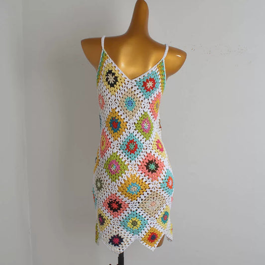 Model color dopamine cut-out handmade crochet V-neck sundress summer backless knitted camisole dress for women