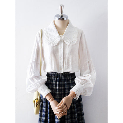 Ruffled Peter Pan Collar Puff Long Sleeve Crinkled Blouse