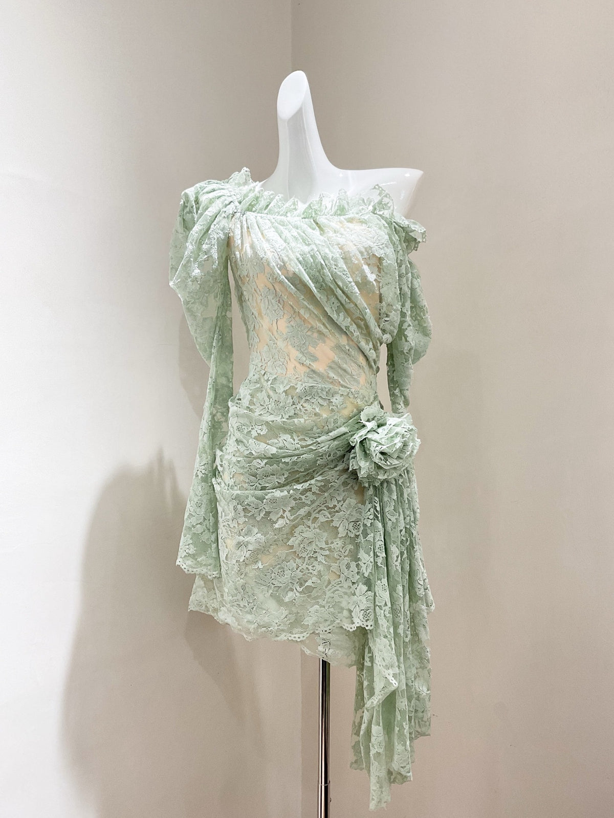 joanna 3d flower Lace hollow Asymmetrical mini Dress in green