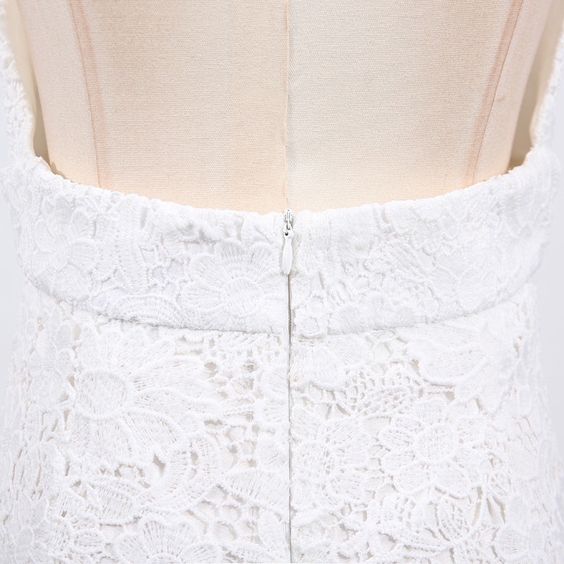 hazel white Deep V-neck halterneck layer ruffle trim maxi dress