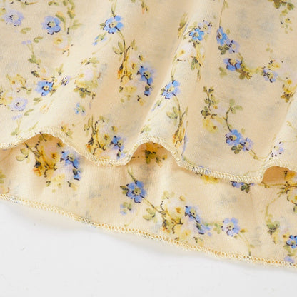 Cream Ditsy Floral Maxi Dress with Fitted Bodice and Flared Paneled Skirt