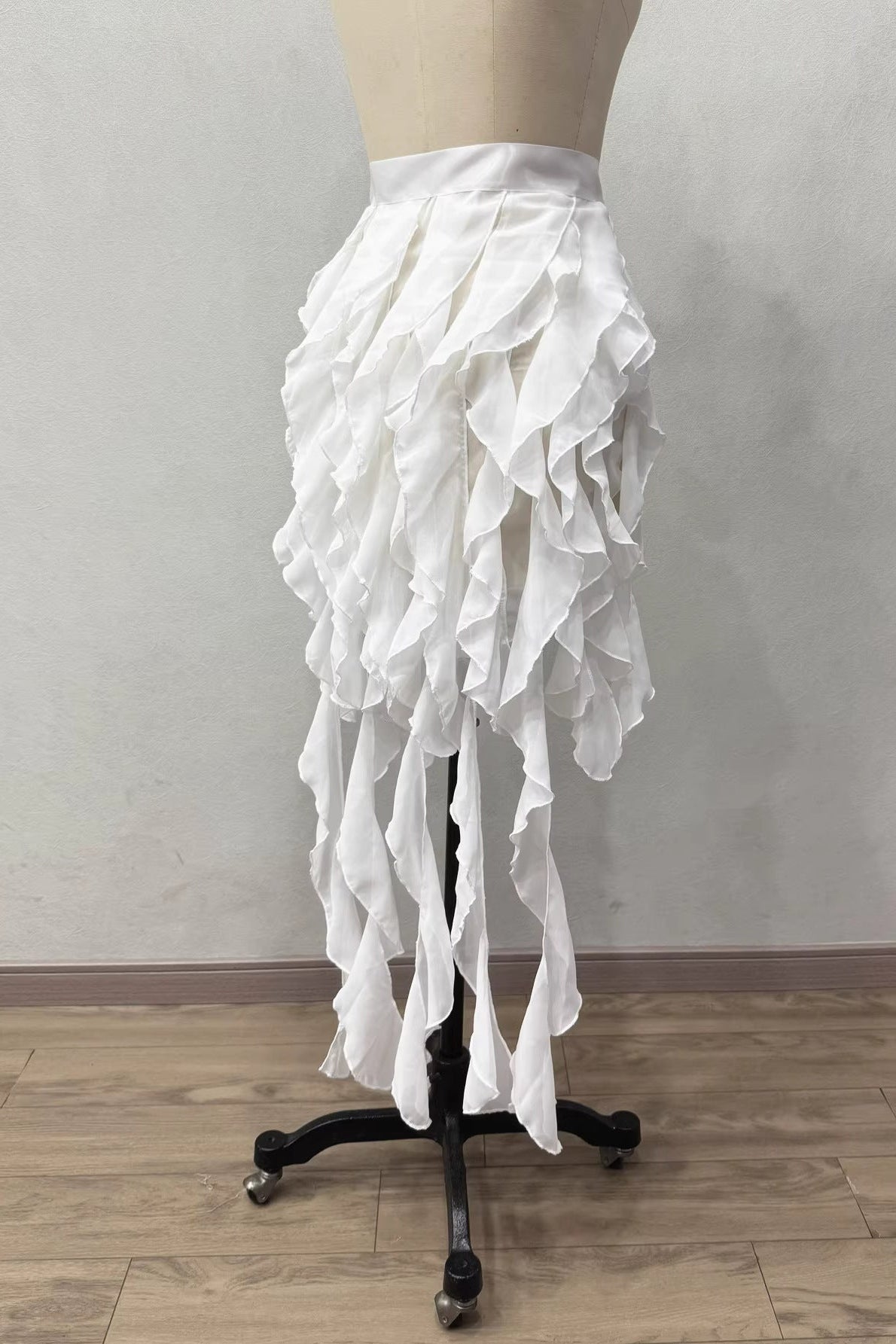 Multi-Layer Cascading Ruffle Asymmetric Streamer Chiffon Skirt