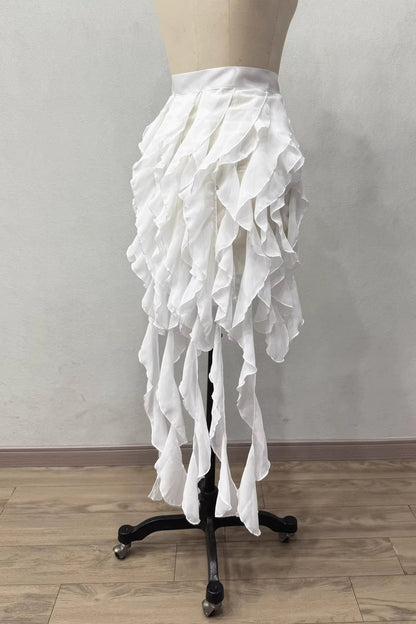 Multi-Layer Cascading Ruffle Asymmetric Streamer Chiffon Skirt