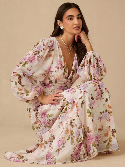 victoria multicolor v-neck floral print puff sleeve maxi dress