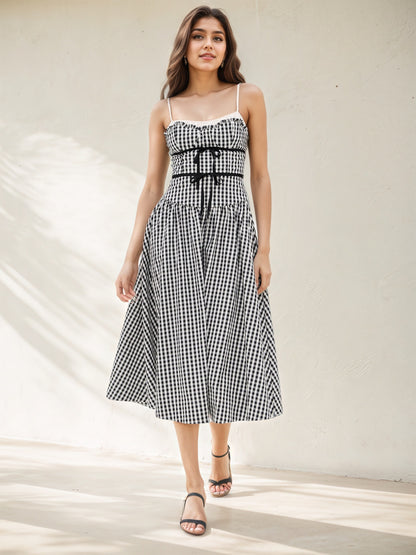 Black White Gingham Ruffle Cami Self-Tie Waist Flowy Midi Dress