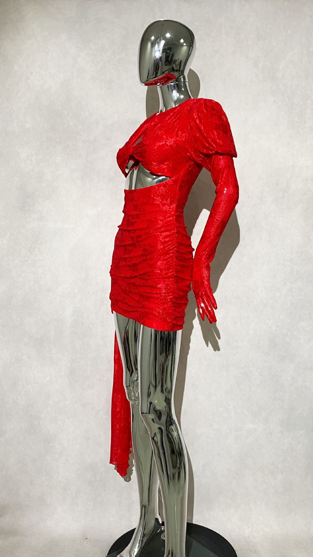 Dariel Floral Jacquard Cutout Draped Mini Dress - Red