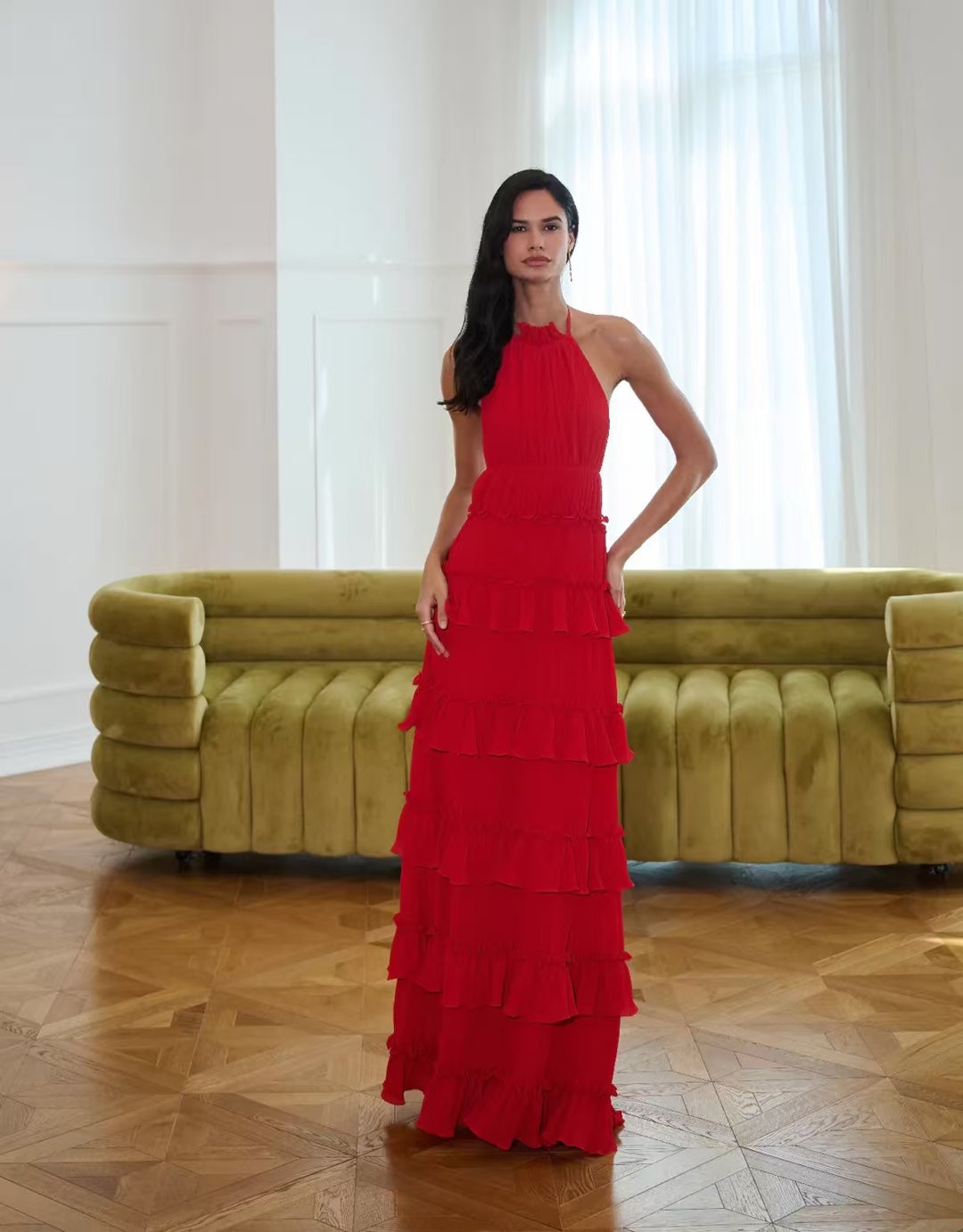 lorraine  ruffle trim layer halter maxi dress - red
