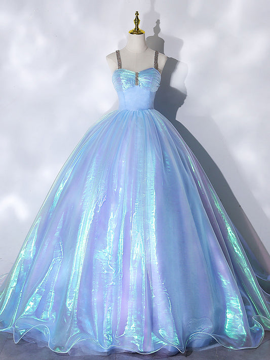 Ball Gown Neck Blue Tulle Long Prom Dress