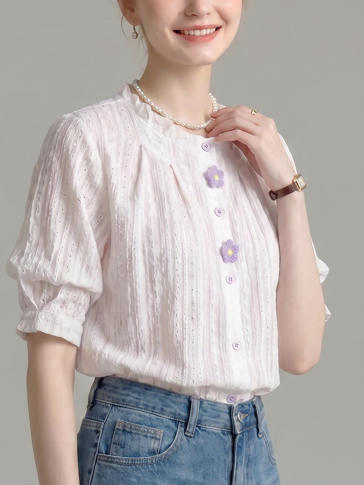 Ruffled Crew Neck Eyelet Puff Sleeve Blouse With Floral Buttons