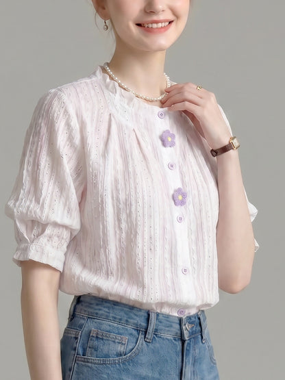 Ruffled Crew Neck Eyelet Puff Sleeve Blouse With Floral Buttons