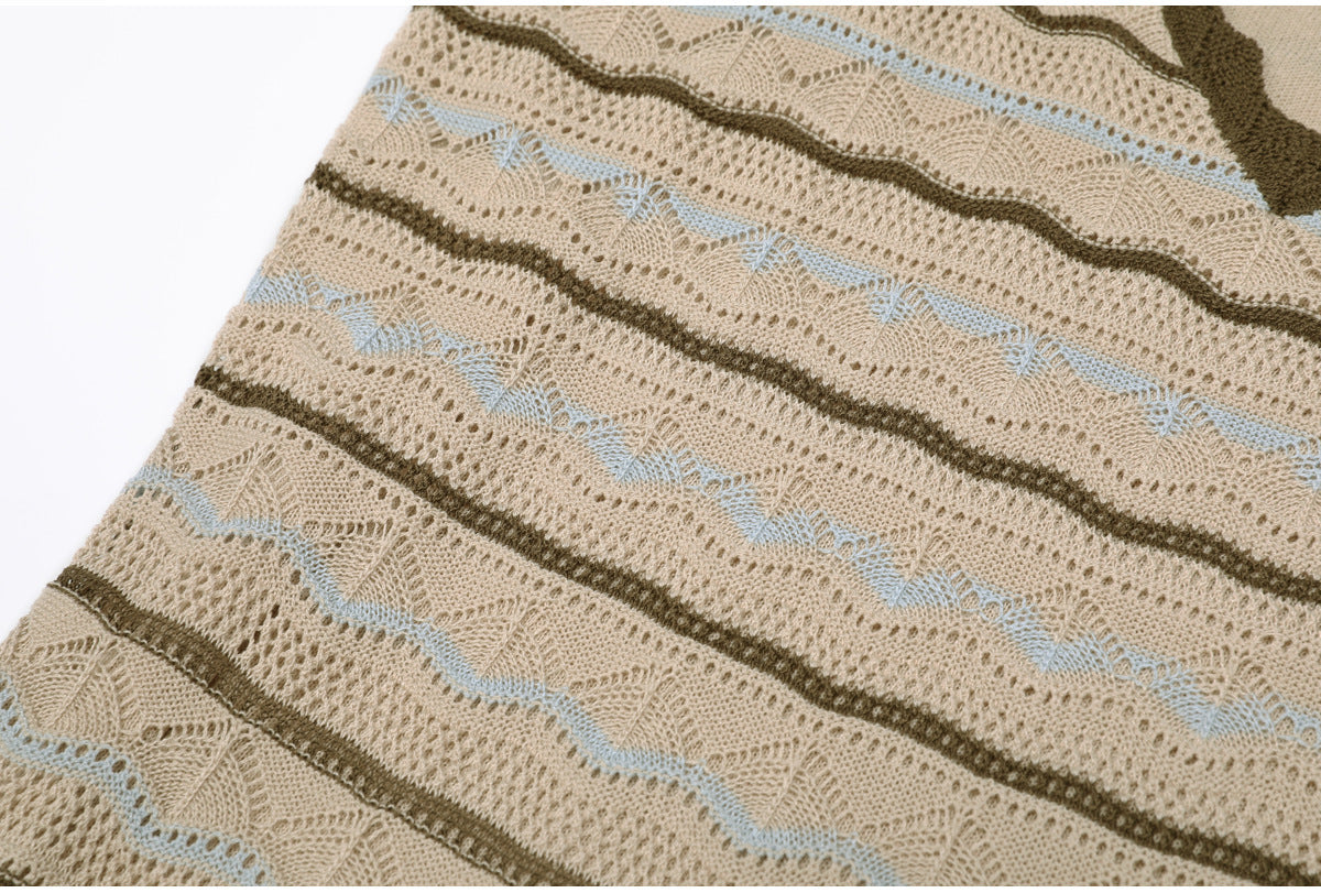 Beige Crochet-Style Knit A-Line Maxi Dress