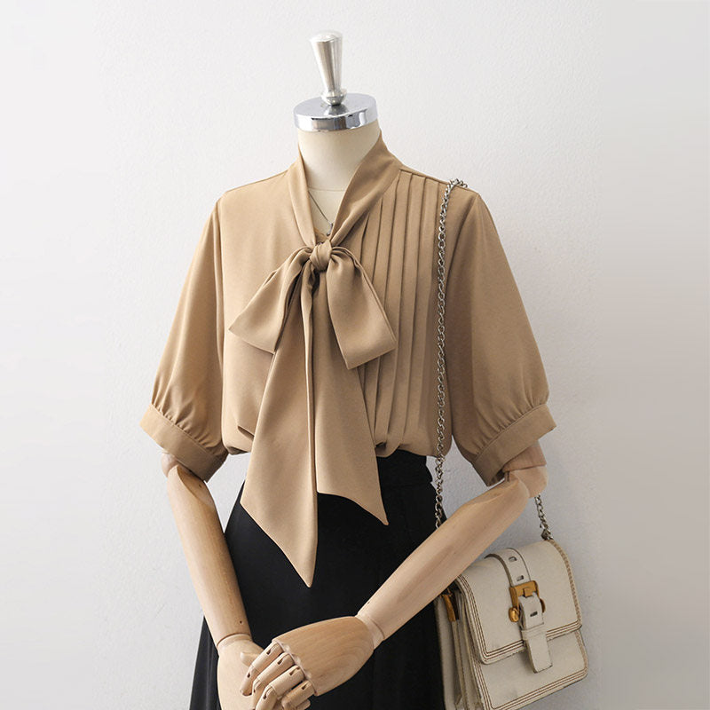 Big Bow Tie Neck Pleated Puff Short Sleeve Satin Blouse