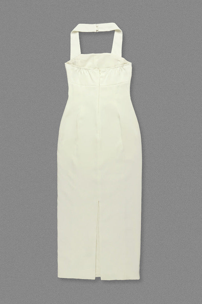 Almond Woven Halter Button Maxi Dress