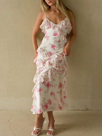 Floral Ruffle Tiered Maxi Dress - Pink & Ivory