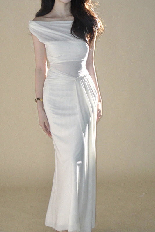 White Off-Shoulder Draped Maxi Dress