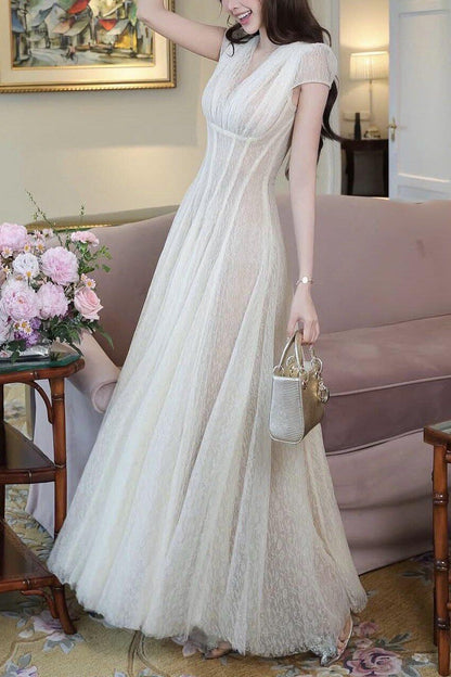 Glitter Tulle Cap Sleeve V-Neck Empire Waist Flowy Maxi Dress