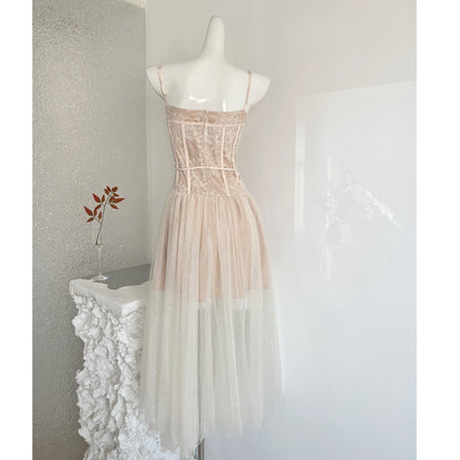 Alani Apricot Lace Mermaid Spaghetti Strap Tulle Dress