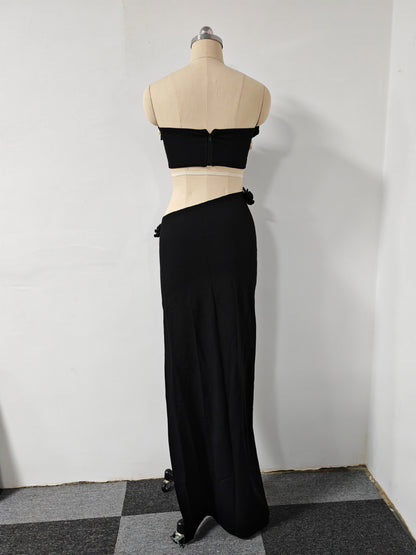 black High Slit Tassels 3d Flowers Strapless Maxi Set