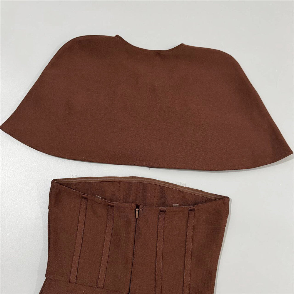 Dark Brown Structured Crepe Column Dress with Capelet Overlay