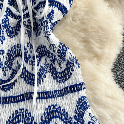 White Cotton Fit-and-Flare Mini Dress with Royal Blue Embroidery